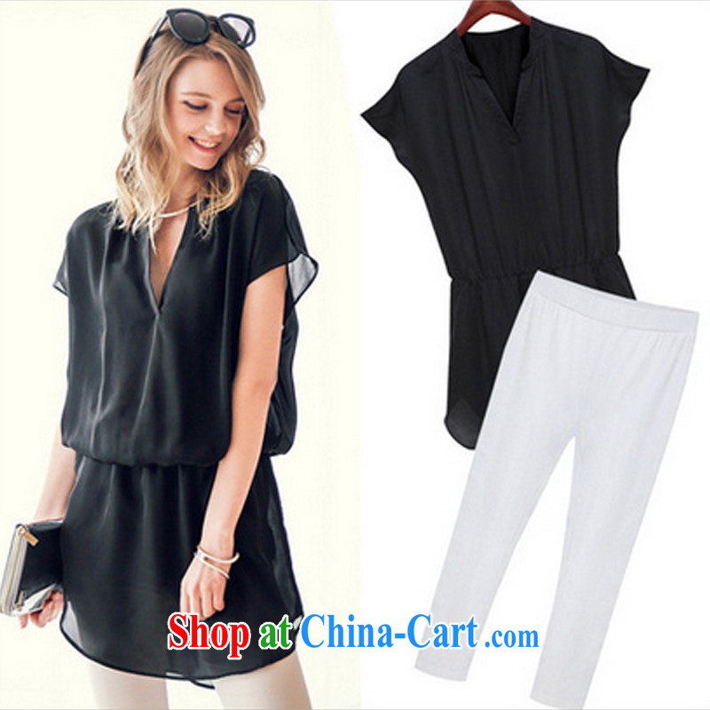 and Diana, in Europe and America 2015 new larger female V short-sleeved snow woven shirts 7 pants thick mm Leisure package summer Black + White pants XXL, Diane (QINGDAINA), online shopping