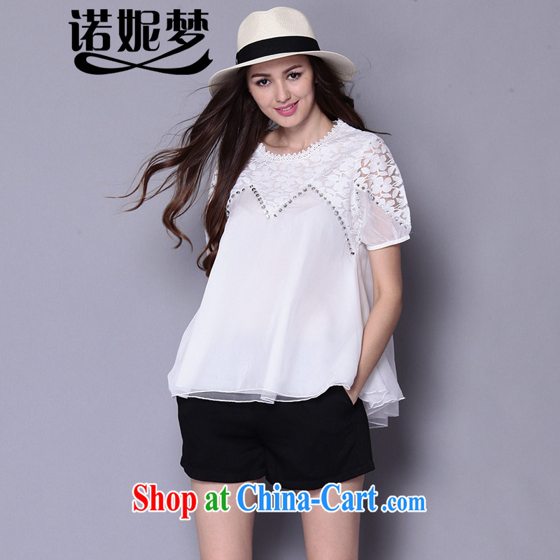 The Connie was a high-end European and American liberal short-sleeved T-shirt girls 2015 summer new, XL girls thick mm elegant lace stitching lounge T-shirt girl J 219 white XXXL