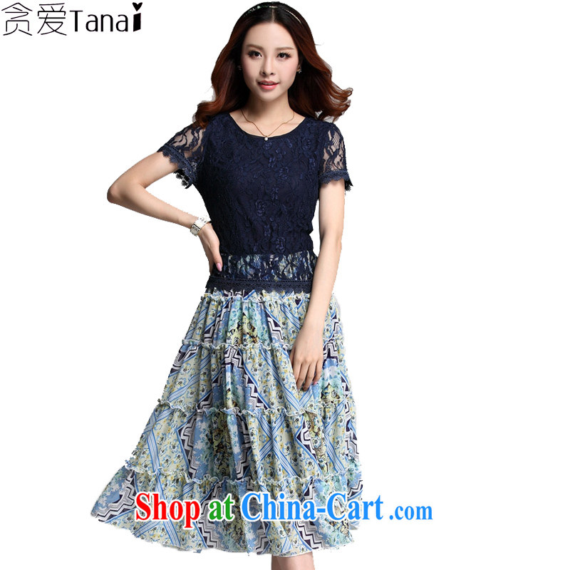 Loved summer new Korean lace snow woven stitching short-sleeved, long, thick MM larger women dress 3555 blue XXXL