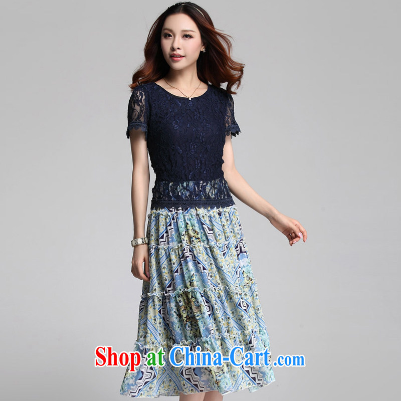 Loved summer new Korean lace snow woven stitching short-sleeved, long, thick MM larger women dress 3555 blue XXXL, loved (Tanai), online shopping