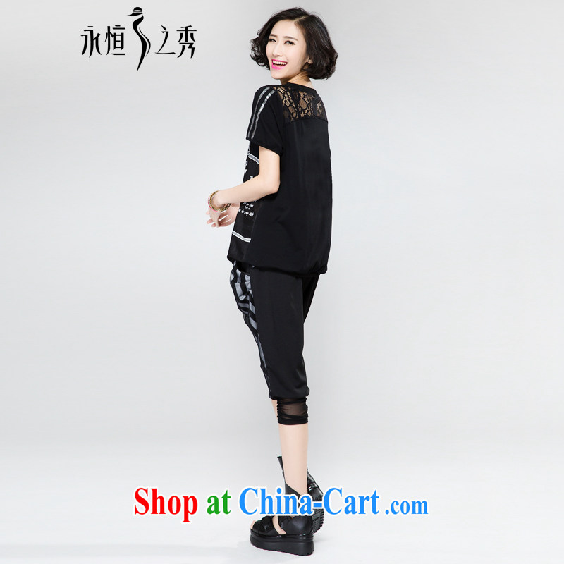 Eternal-soo and indeed increase, female video thin package thick sister 2015 summer new thick mm thick, graphics thin strips lace T-shirt pants two piece black 4XL, eternal, and the show, the online shopping