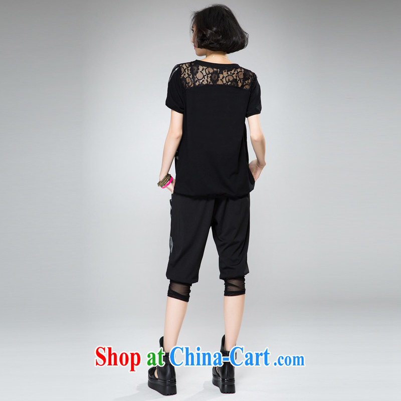 Eternal-soo and indeed increase, female video thin package thick sister 2015 summer new thick mm thick, graphics thin strips lace T-shirt pants two piece black 4XL, eternal, and the show, the online shopping