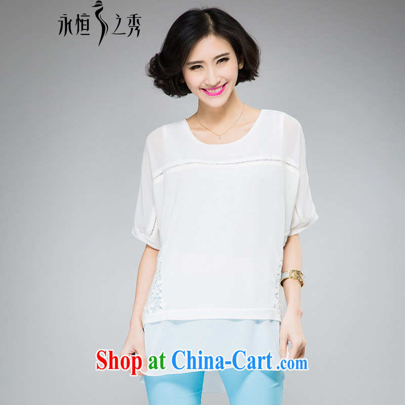 Eternal show larger female T-shirts 2015 summer new thick mm video thin new thick sister sweet bat sleeves-lace Openwork short-sleeved T-shirt white 3XL