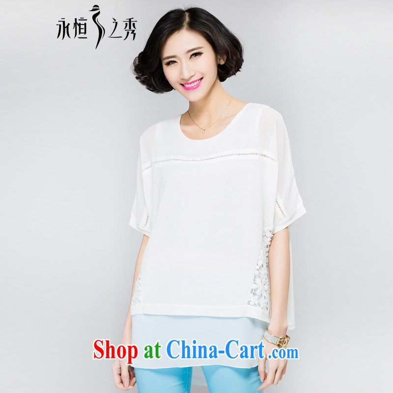 Eternal show larger female T-shirts 2015 summer new thick mm video thin new thick sister sweet bat sleeves-lace Openwork short-sleeved T-shirt white 3XL, eternal, and the show, the online shopping