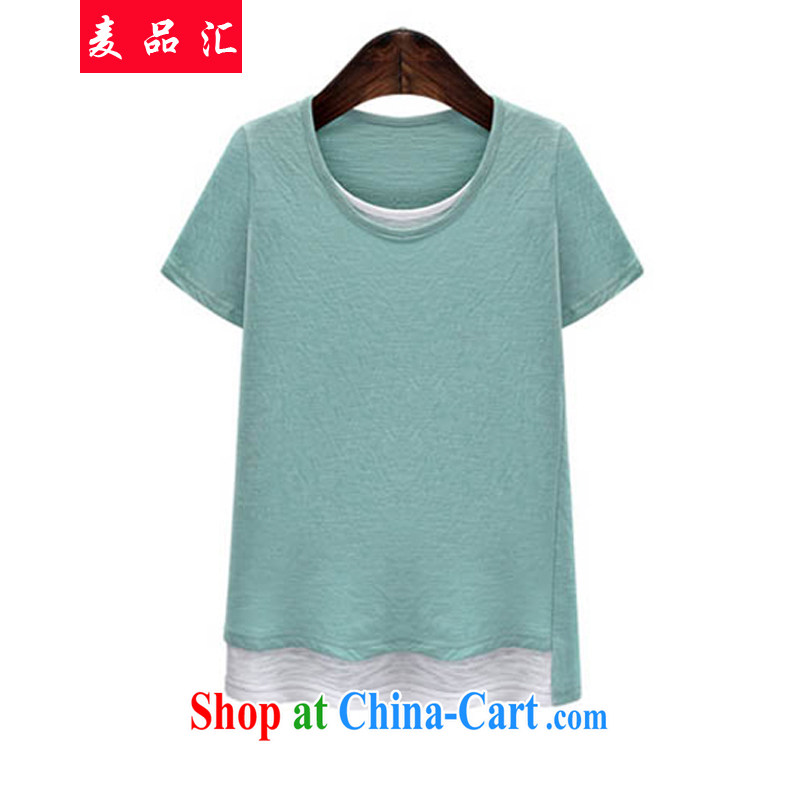 Mr MAK, Korea Exchange Version 2015 summer New, and indeed increase, female 200 Jack thick MM loose video thin short sleeved round-collar stitching T pension 5128 Lake blue 5 XL