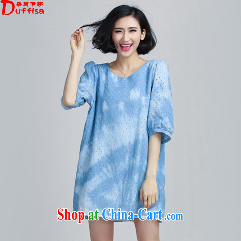 flower girl Isabelle 2015 Korean version of the new, thick MM and indeed intensify, relaxed and stylish Openwork bubble cuff denim dress female D 1743 blue XXXL