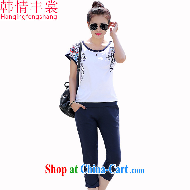 Korea and Hongkong advisory committee 2015 new 200 Jack large, female summer mm thick graphics thin T-shirt Sports _ Leisure 7 pants two piece girls 9319 white + blue 4XL size too big