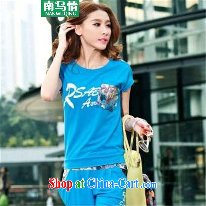 The Ukrainian and 2015 Korean female sweater Kit short-sleeved 7 pants sport and leisure package women's clothing summer blue M