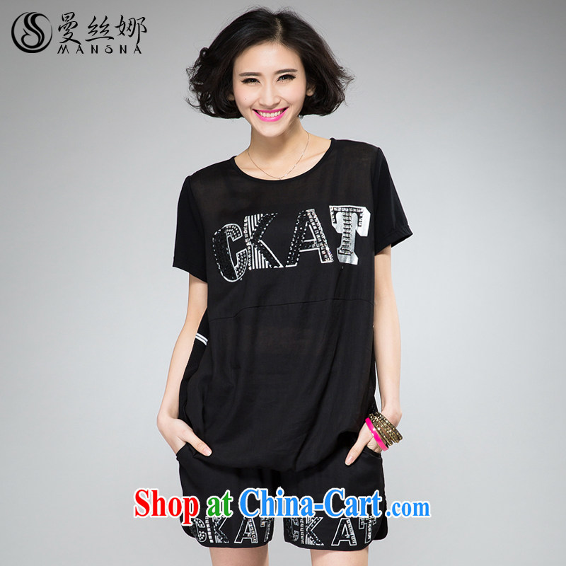 Manchester silk, King, women summer 2015 mm thick two-piece female personality hot drill stamp short sleeve black 4XL