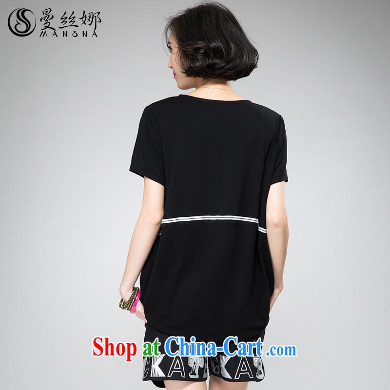 Manchester silk, King, female summer 2015 mm thick two-piece female personality hot drill stamp short sleeve black 4XL, silk, and shopping on the Internet