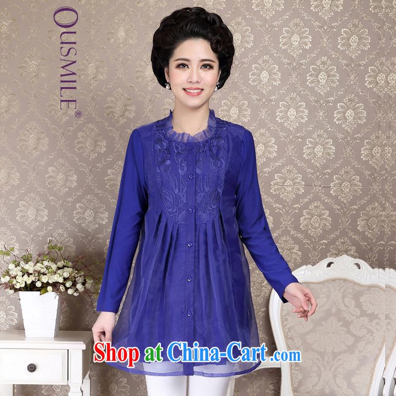 Ousmile spring and summer, older mothers with stylish lace snow woven loose shirt long-sleeved T-shirt larger female 88,360 blue 4 XL