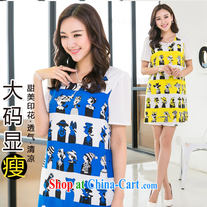 Huan Zhu Ge Ge Ge 2015 the Code women mm thick beauty graphics thin Korean new summer, the increase is indeed a cartoon stamp short-sleeved dresses X 5210 blue 4 XL, giggling auspicious, shopping on the Internet