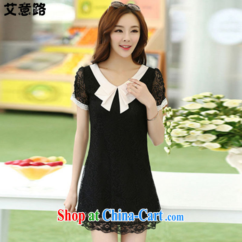 The intended way summer new dresses video thin doll collar lace short sleeve solid larger women 8001 black XXXL