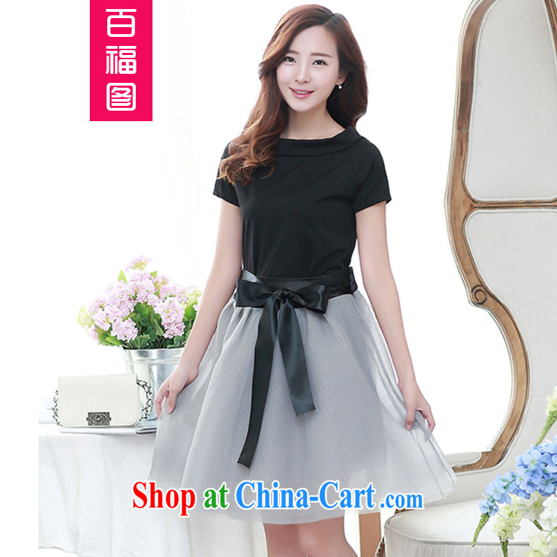 100 Of The 2015 summer new, larger female thick MM a field for black T shirt + bow tie the skirt body Kit 200 jack to wear! Black 4, 100 well figure (BAIFUTU), shopping on the Internet