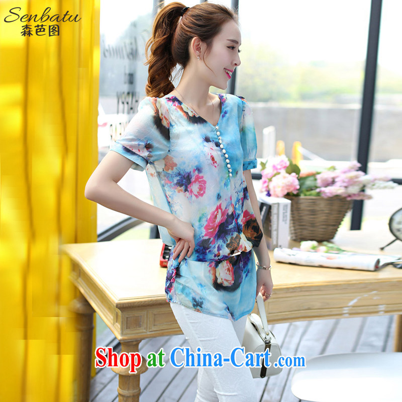 Sum as well as the 2015 summer edition Korea V collar short-sleeved painting 100 ground units the commission stamp snow T woven shirts T 188 blue flower M codes, hip hop, and shopping on the Internet