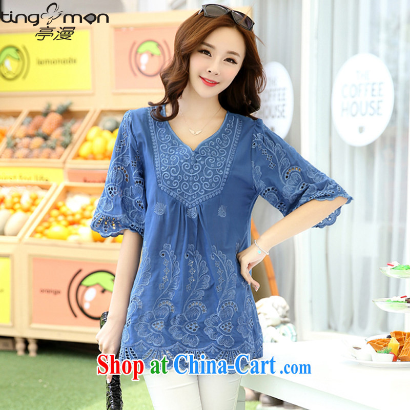 Kiosks spread _tingman_ 2015 Korean summer larger women mm thick graphics thin cotton embroidery dress 1021 blue L