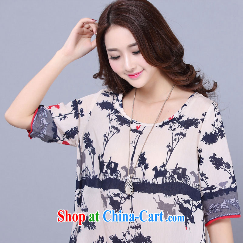 Morning would be 2015 summer new Korea and indeed increase, female fat sister fashion style round-collar short-sleeve ethnic wind knocked color stamp graphics thin ice woven shirts suits XL 2 morning, and shopping on the Internet
