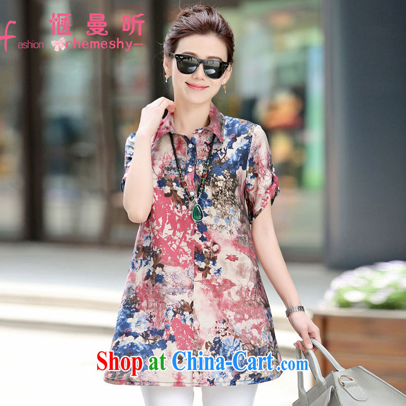 A relaxing Cayman year in older women 2015 summer new Snow woven short sleeve loose stamp shirt larger mother load spring 538 ybl Orchid XXXL