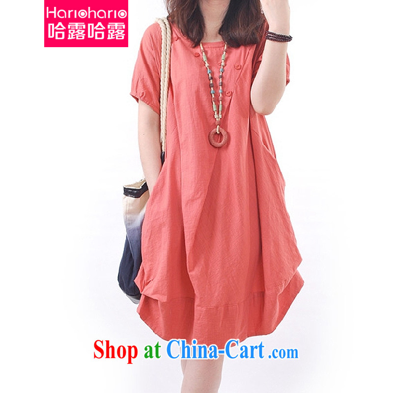 The terrace in summer 2015 new Korean female larger relaxed casual wrinkled round-collar short-sleeve dresses leather red XXL