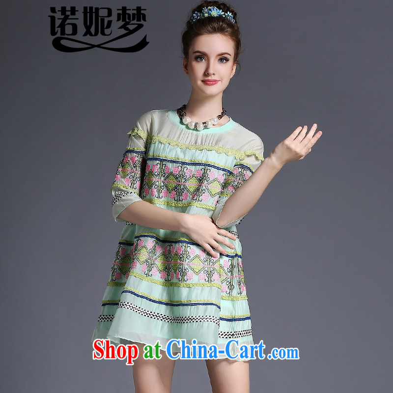 Connie's dream high-end in Europe and indeed the XL ladies 200 Jack 2015 summer new ethnic wind embroidered loose 7 cuff A field dresses G 681 honeydew 4 XL