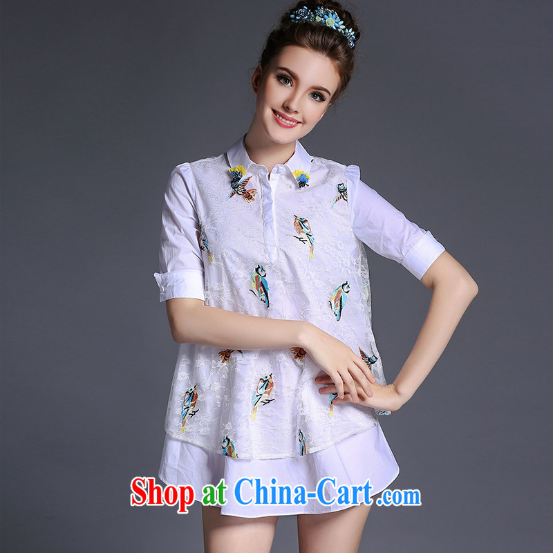 The Connie was a high-end original in Europe and America, the female summer 2015 New pearl flower lapel embroidered short sleeves shirt dress elegant lace spell series dress G 658 white XXXXXL, Anne's dream, and shopping on the Internet
