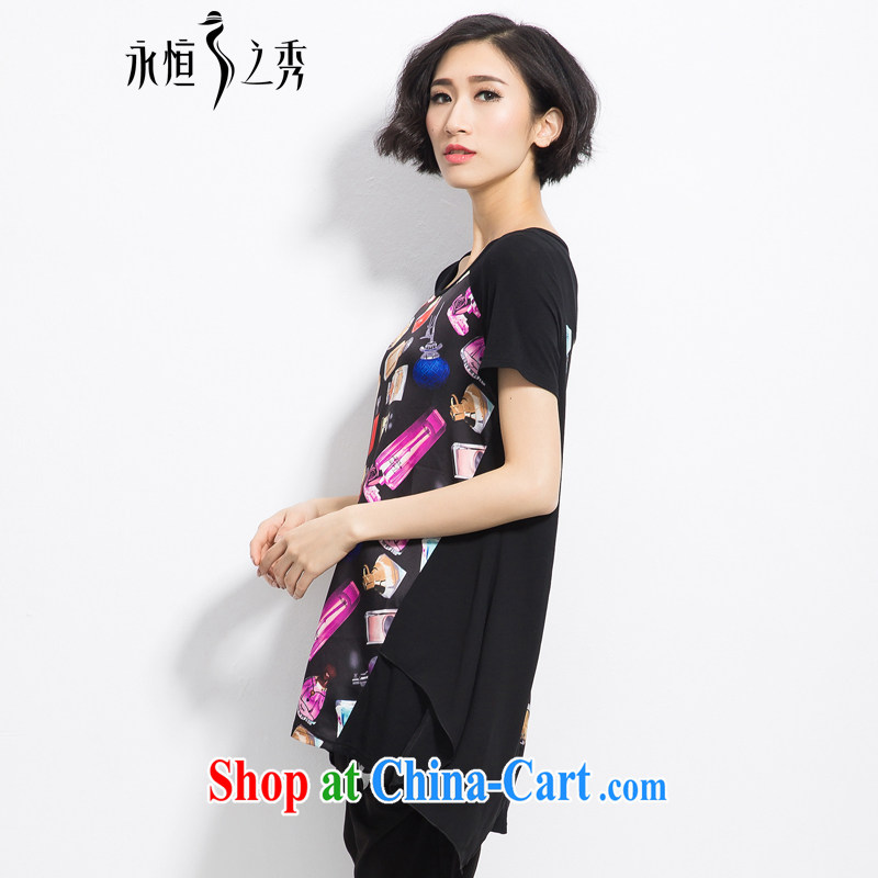 Eternal show the code women 2015 summer new, thick, thin graphics, T-shirt thick mm and indeed increase, women with stylish and classy Satin stamp loose T pension black 4XL, eternal, and the show, the online shopping