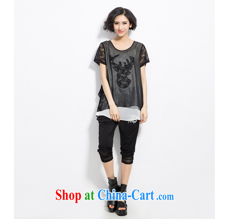 Eternal show the fat XL girls T-shirts thick mm 2015 summer new thick sister fat, video thin stylish zig-zag yarn embroidered leave of two T-shirts black XL pictures, price, brand platters! Elections are good character, the national distribution, so why buy now enjoy more preferential! Health