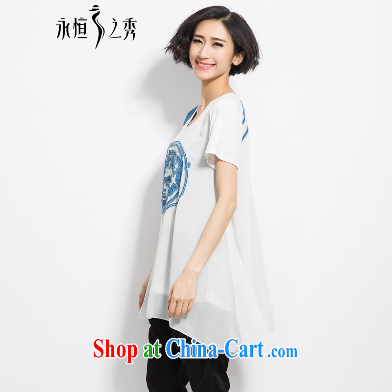 Eternal-soo and indeed increase, female fat people graphics thin T-shirt thick mm 2015 summer new thick sister loose washable denim pattern leisure T pension white 4XL, eternal, and the show, and shopping on the Internet