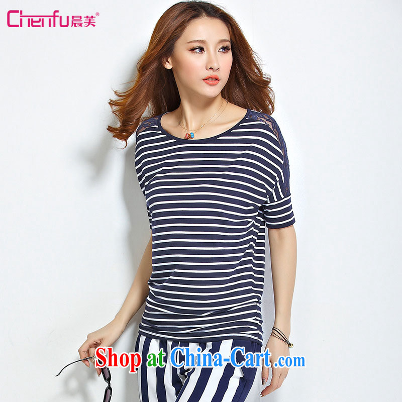 Morning would be 2015 summer new Korean version is indeed the XL female 200 jack on 100 mm ground graphics thin round-collar short-sleeve lace stitching streaks T shirt blue and white stripes 4 XL