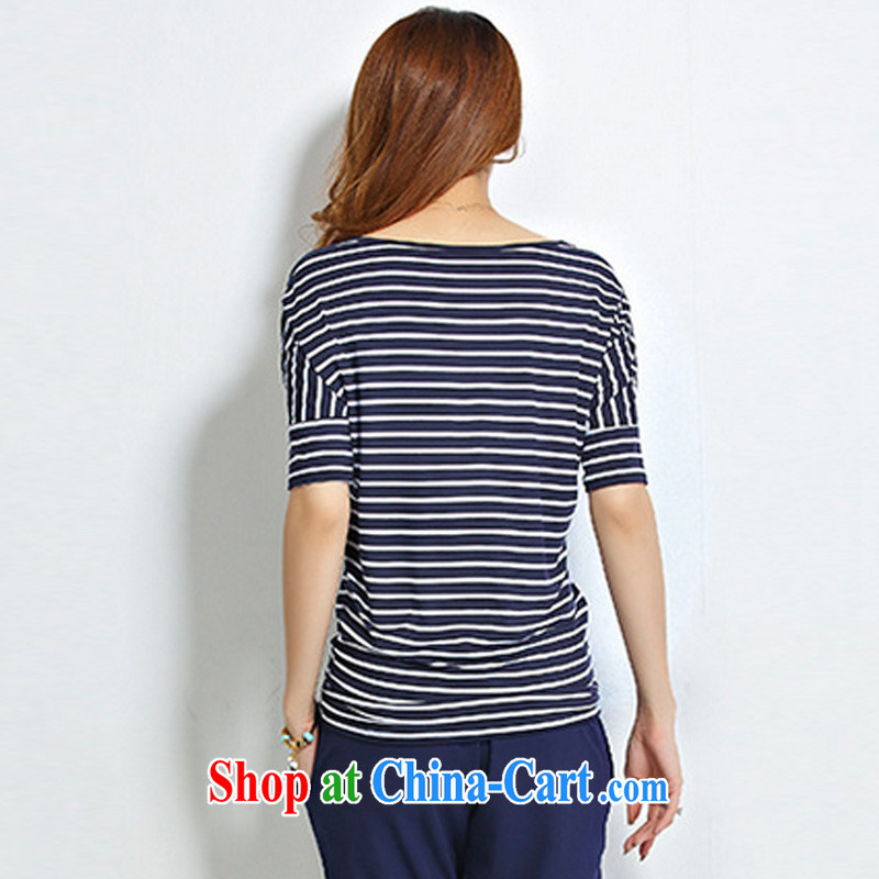 Morning would be 2015 summer new Korea and indeed increase, female 200 jack on 100 mm ground graphics thin round-collar short-sleeve lace stitching streaks T shirt blue and white stripes 4 XL, morning, and shopping on the Internet