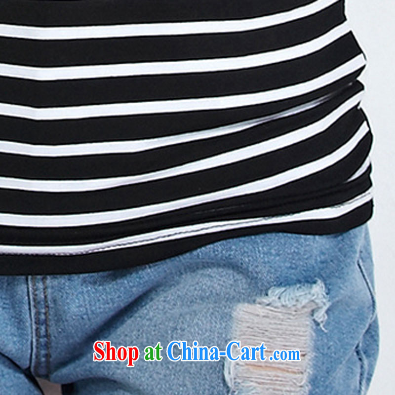 Morning would be 2015 summer new Korea and indeed increase, female 200 jack on 100 mm ground graphics thin round-collar short-sleeve lace stitching streaks T shirt blue and white stripes 4 XL, morning, and shopping on the Internet