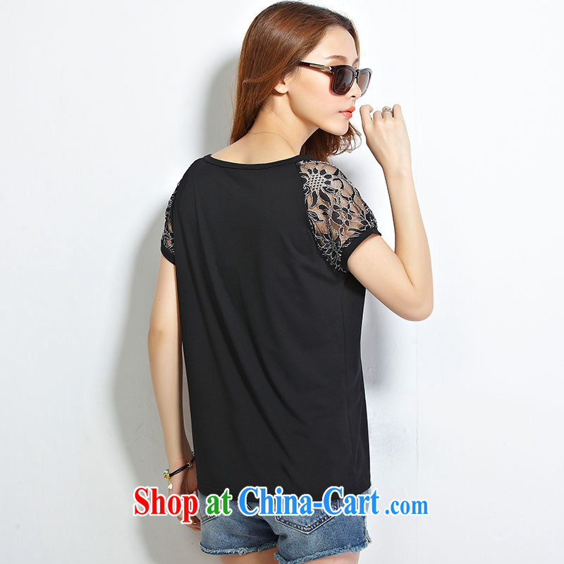 Morning would be 2015 summer new Korea and indeed XL women mm thick 100 cultivating ground graphics thin round-collar bat sleeves lace stitching T shirt T-shirt black 5 XL, morning, and shopping on the Internet