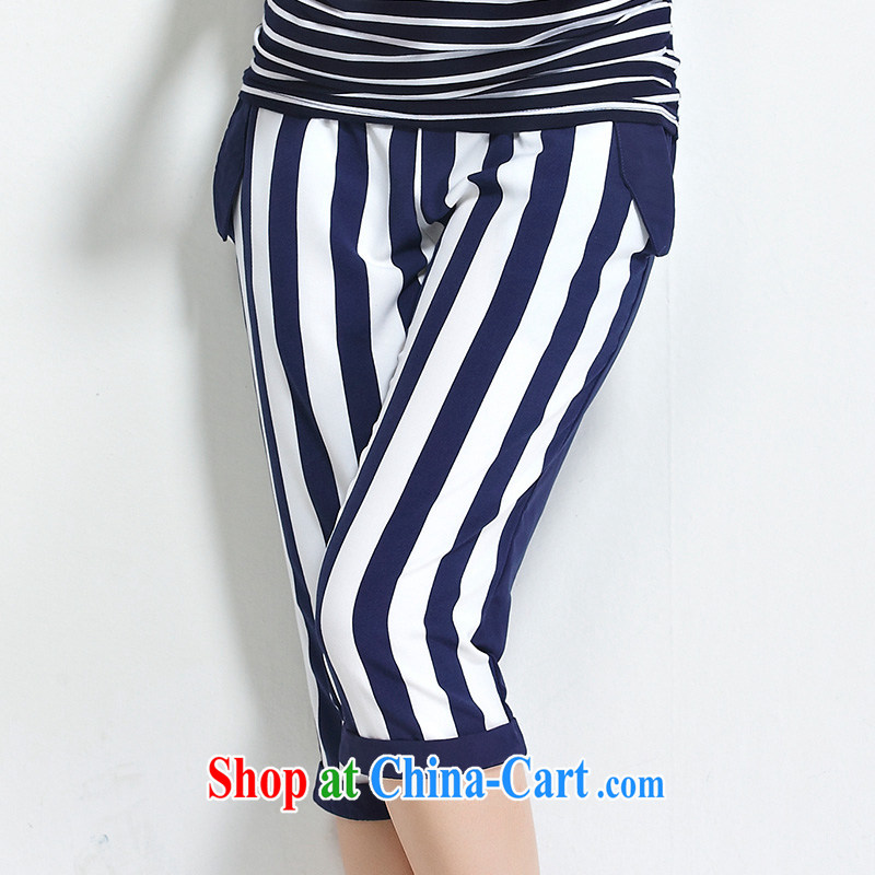 Morning would be 2015 summer new Korea and indeed increase, female fat sister stylish 100 ground Lounge, beauty salon stripes stitching 7 pants blue-and-white stripes 5 XL, morning, and shopping on the Internet