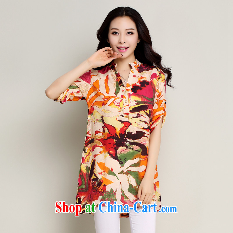 Standing wave following the Code women summer 2015 New floral cotton in Yau Ma Tei for stamp duty, loose T-shirt, shirt orange XXL
