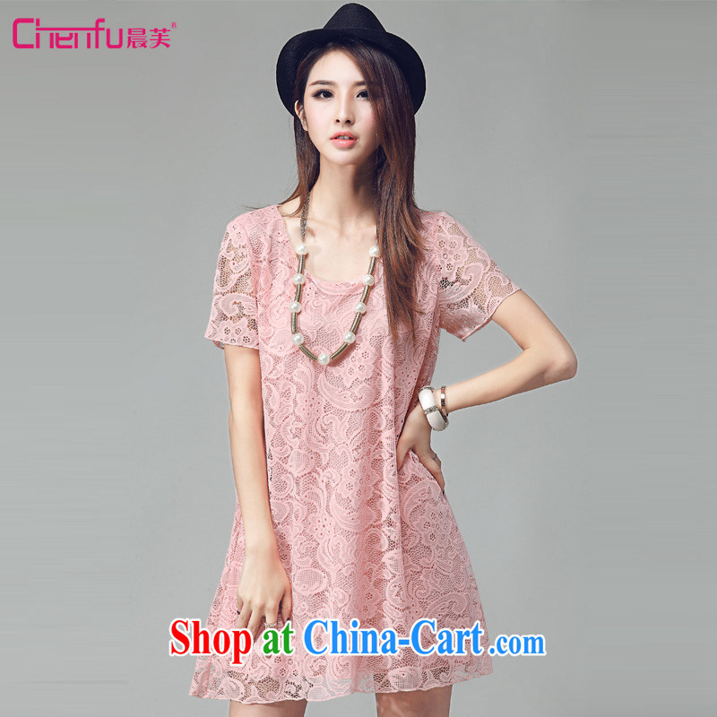Morning would be 2015 summer new Korean version is indeed the XL female 100 stylish ground A Field dress thick sister elegant floral Openwork lace dress pink 4 XL