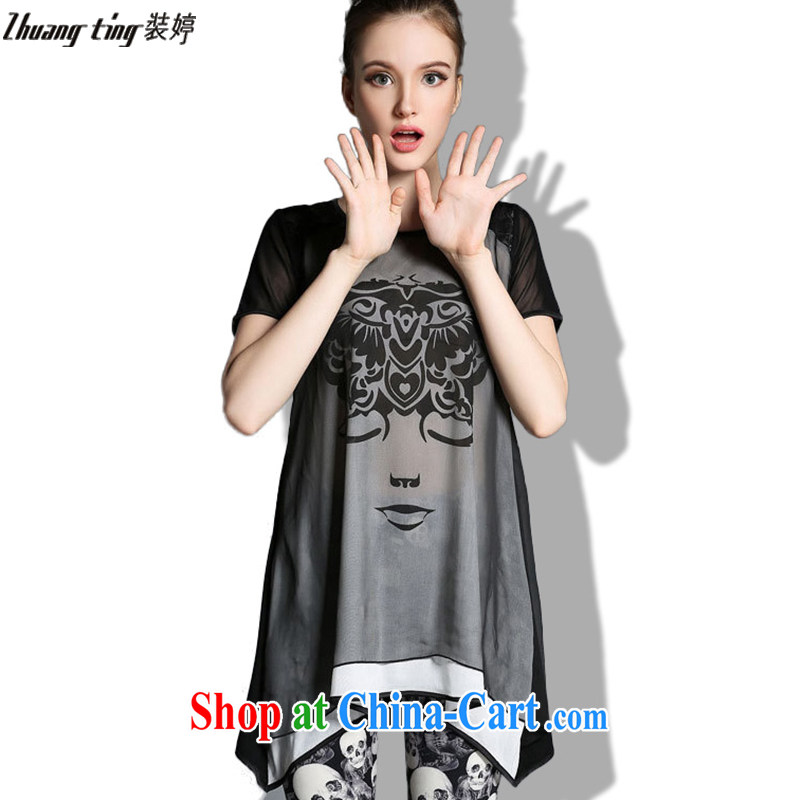 The load-ting -- thick, graphics thin 2015 summer new, high-end European and American thick mm larger female increase the fat loose short sleeve shirt T 1823 photo color 5 XL