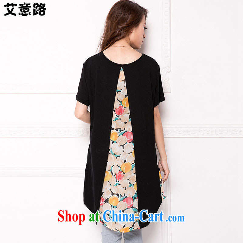 aids to the Korean version of the greater code female summer personality, long, thick snow mm woven spell pure cotton short-sleeved relaxed casual stamp T pension 6001 black large code XXL, the intended way, and shopping on the Internet