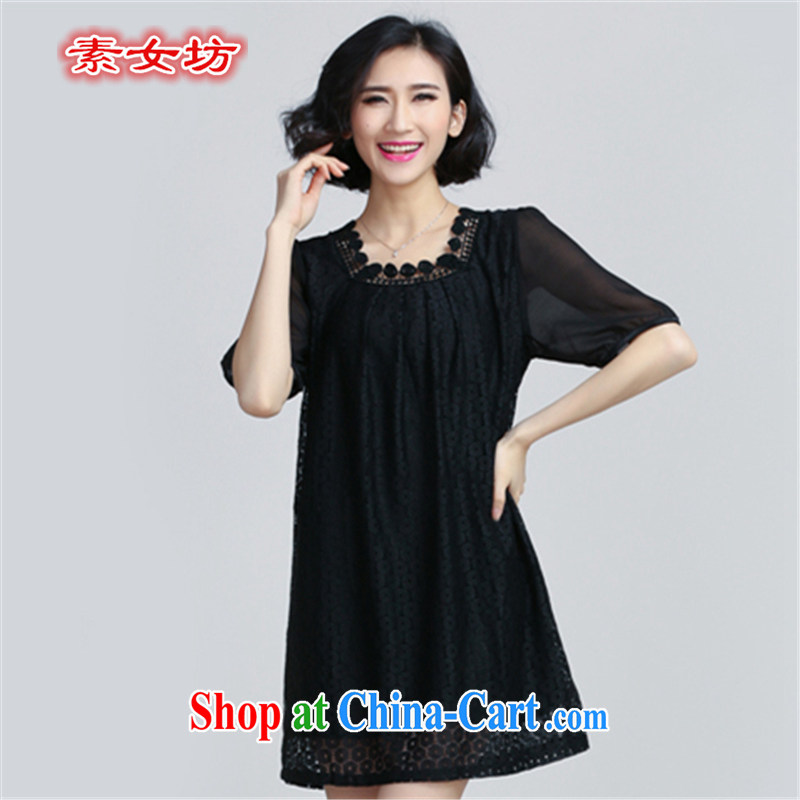 Pixel girl workshop summer 2015 thick MM larger women snow woven short-sleeved lace dresses and the fat girl with loose waist A field dress 6062 black 3 XL
