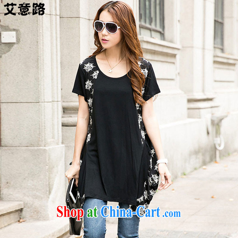 aids to the Korean version of the greater code female summer new summer mm thick short-sleeved, long, personalized stitching loose stamp T pension 6808 black large code XXL