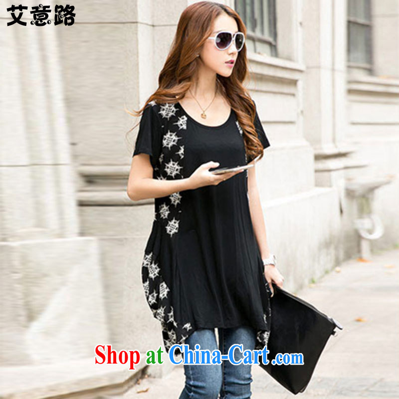 aids to the Korean version of the greater code female summer new summer mm thick short-sleeved, long, personalized stitching loose stamp T pension 6808 black large code XXL, the intended route, and shopping on the Internet
