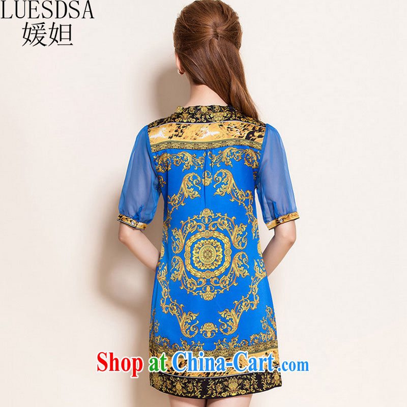 She now summer 2015 new Europe and America, indeed, female video thin, large, female short-sleeved stamp emulation Silk Dresses YD 160 blue 3 XL, Yuan (LUESDSA), online shopping