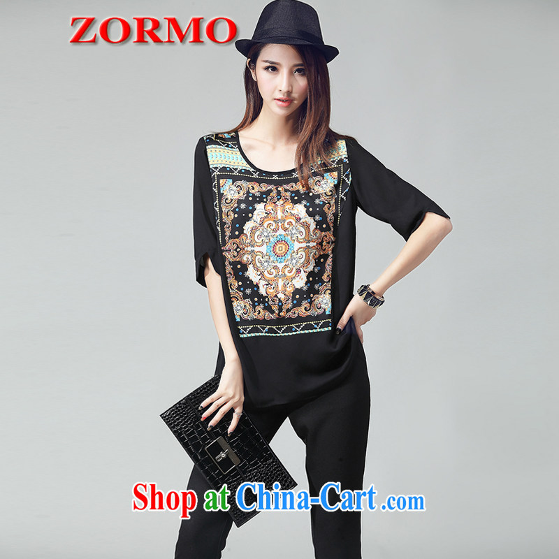 ZORMO larger women summer continental stamp larger Leisure package thick mm short-sleeved T shirt + 7 pants 2 piece black 4XL