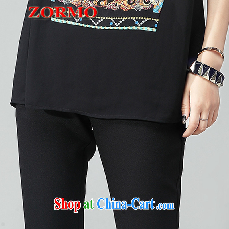 ZORMO larger women summer continental stamp larger Leisure package thick mm short-sleeved T shirt + 7 pants 2 piece black 4XL, ZORMO, shopping on the Internet