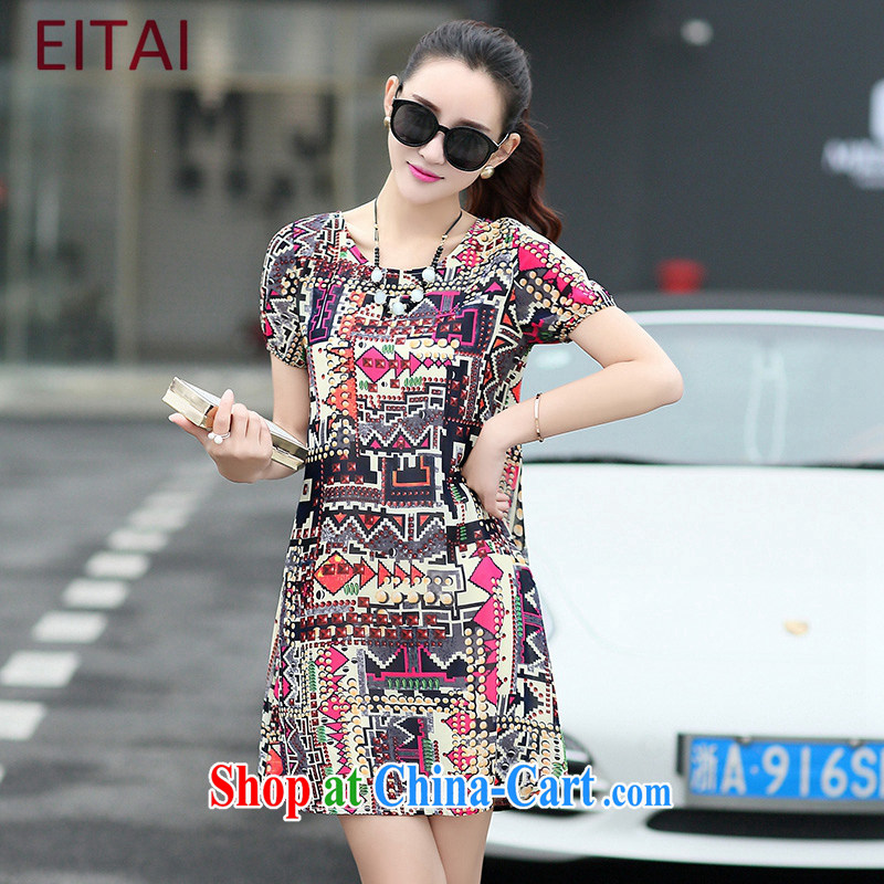 EITAI 2015 summer, Korean vogue and female short-sleeved round-collar personality pattern snow woven dresses blue 2 XL