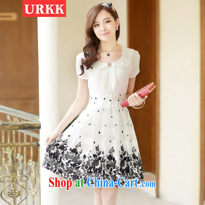 2015 URKK dress in summer long Korean snow woven large code short-sleeved floral waist in cultivating A Field dress girls black spend 4 XL