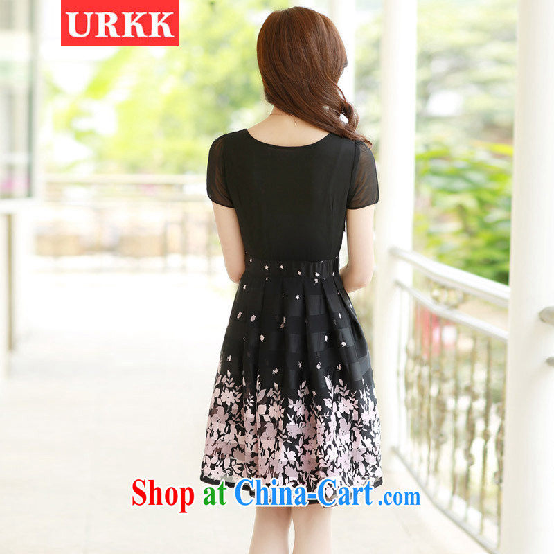 2015 URKK dress in summer long Korean snow woven large code short-sleeved floral waist in cultivating A Field dress girls black spend 4 XL, URKK, shopping on the Internet