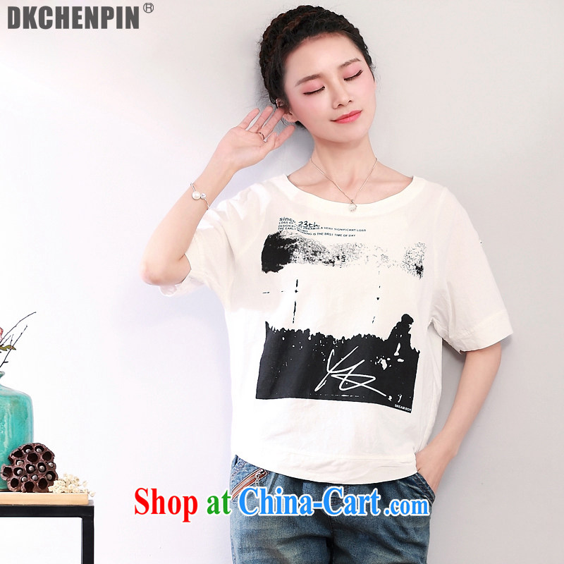 The DKchenpin code loose short-sleeved T-shirt blouses summer Korean solid T-shirt cotton the stamp T-shirt black-and-white 3XL