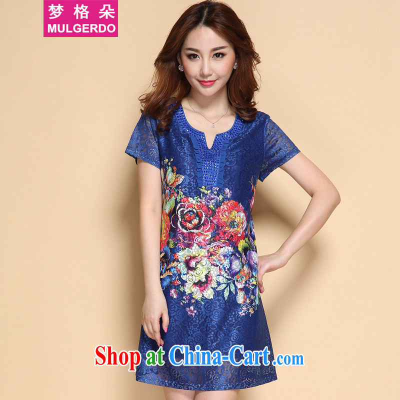 Let the flower 2015 summer new and trendy, female fat sister graphics thin female stamp short-sleeved thick people dress s 8117 color blue 3 XL