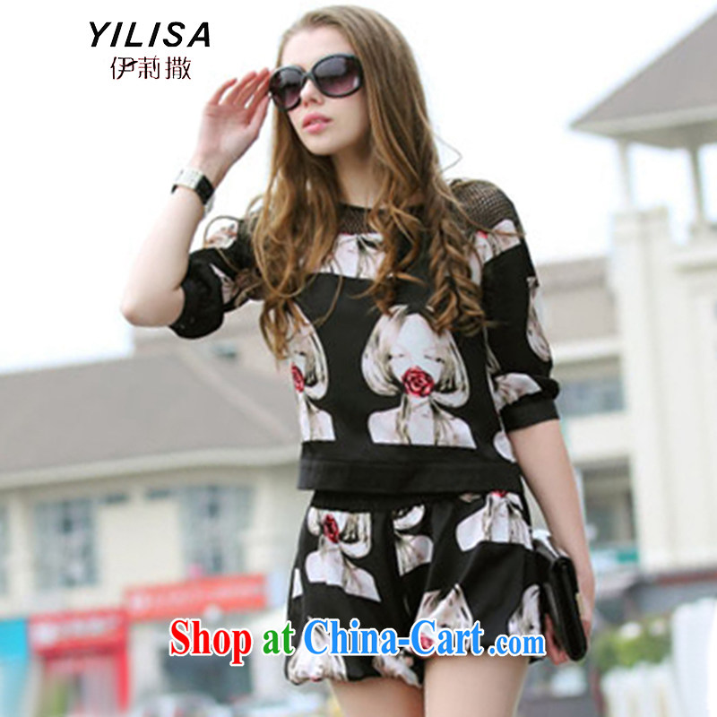 YILISA larger female summer new thick mm summer figures dyeing lace stitching relaxed casual graphics thin, sleeved T-shirts shorts package K 877 Map Color 4 XL recommendations 160 - 175 jack