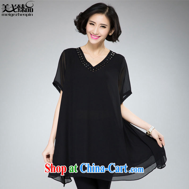 The Gore level, summer 2015 new, larger female thick mmV collar hot drill short-sleeved snow woven dresses black XXXL